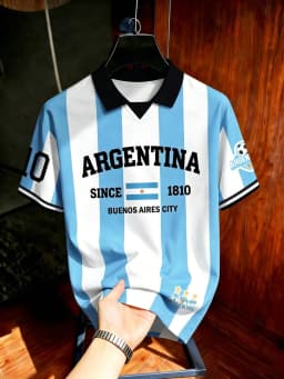 Men's Summer T Shirt Argentina Wave Gradient Print Polo Collar Short Sleeve Soccer Jersey Sport Top Football Supporters Wear