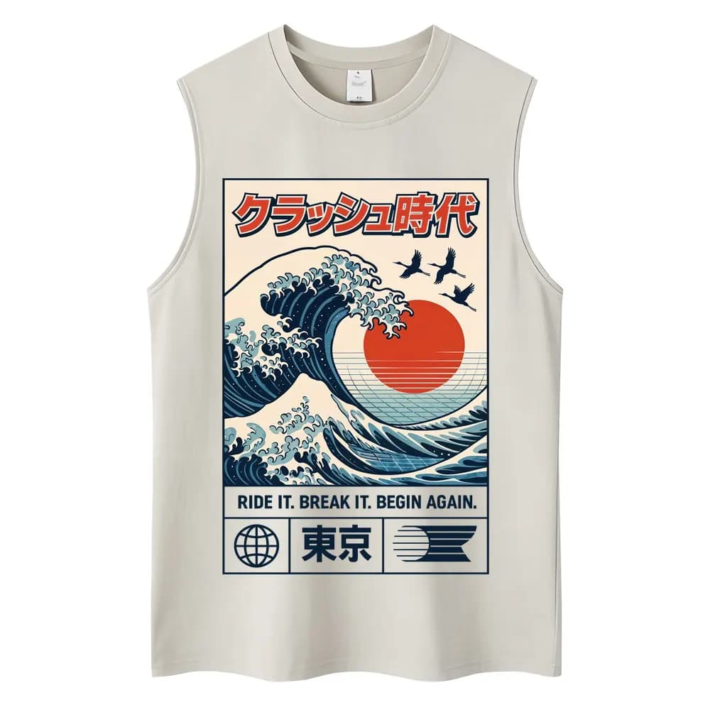 Washed Japanese Style Hokkaido Wave Tokyo Tank Tops Men Women Harajuku Fashion Vintage Sleeveless T Shirt Loose Cotton Y2k Vests