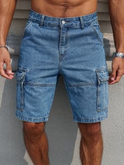 Men's Summer Workwear Denim Shorts, Blue Multi-Pocket Style. Stylish and Casual, Suitable for Streetwear.