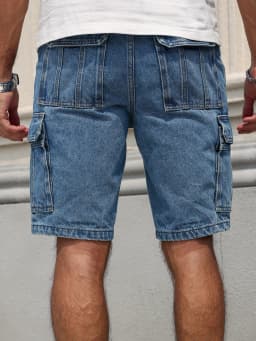 Men's Summer Workwear Denim Shorts, Blue Multi-Pocket Style. Stylish and Casual, Suitable for Streetwear.