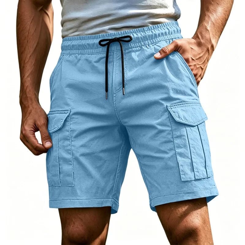 Men Solid Color Drawstring Cargo Shorts Elastic Waist Multi Pocket Loose Casual Summer Beach Short Pants