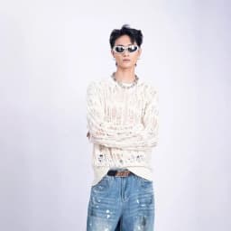Vintage Ripped Hollow Out Mesh Knit Sweater Men Autumn Streetwear Fashion Crew Neck Long Sleeve Knitted T Shirt Men’s Clothing