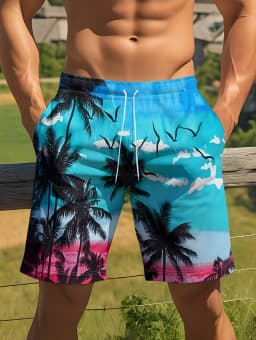 Men's Hawaiian Swim Trunks 3D Gradient Palm Tree Print Beach Shorts Quick Dry Outdoor Fashion Sports Shorts Fashion Men's Shorts