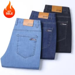 New Ice Silk Thin Denim Jeans For Men Blue Straight Stretch Cotton Pants Business Casual Lightweight Trousers Spring Summer