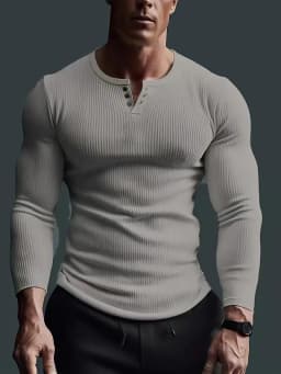 Autumn Men's Collarless Breasted Henry Shirt Top Fitness High Stretch Base Shirt Solid Color Plus Size Casual Long Sleeve