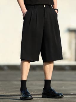 Black Loose Men's Suit Shorts Summer Drapey Five-Button Casual High-Waisted Straight Leg Wide Leg Mid-Length Pants