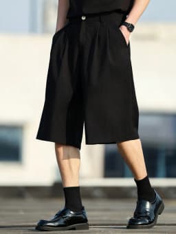 Black Loose Men's Suit Shorts Summer Drapey Five-Button Casual High-Waisted Straight Leg Wide Leg Mid-Length Pants