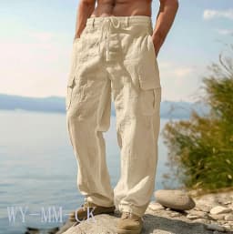 European And American Men's Cotton And Linen Trousers Multi-pocket Work Pants Loose Straight Sportswear And Casual Trousers