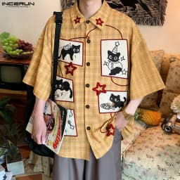 INCERUN Men Shirt Plaid Patchwork Patchwork Lapel Short Sleeve Men Clothing Loose Korean Style 2026 Summer Fashion Male Shirts