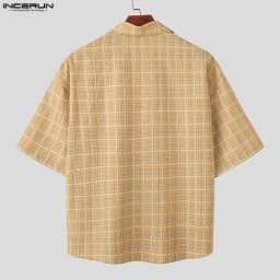 INCERUN Men Shirt Plaid Patchwork Patchwork Lapel Short Sleeve Men Clothing Loose Korean Style 2026 Summer Fashion Male Shirts