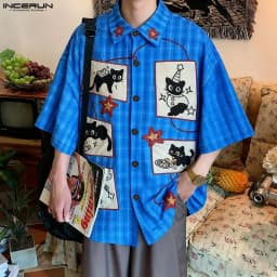 INCERUN Men Shirt Plaid Patchwork Patchwork Lapel Short Sleeve Men Clothing Loose Korean Style 2026 Summer Fashion Male Shirts