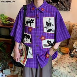 INCERUN Men Shirt Plaid Patchwork Patchwork Lapel Short Sleeve Men Clothing Loose Korean Style 2026 Summer Fashion Male Shirts