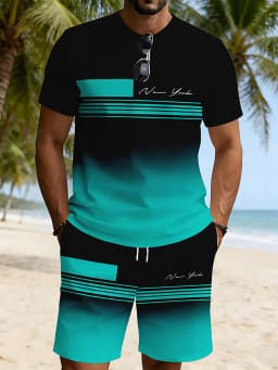 2026 Summer New Arrival Men's Casual Two-Piece Set Striped Print Short-Sleeve Shirt and Athletic Shorts Set Men's Fitness Set