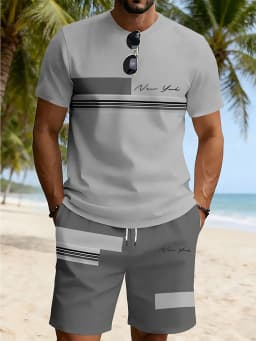 2026 Summer New Arrival Men's Casual Two-Piece Set Striped Print Short-Sleeve Shirt and Athletic Shorts Set Men's Fitness Set