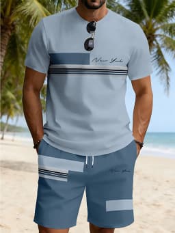 2026 Summer New Arrival Men's Casual Two-Piece Set Striped Print Short-Sleeve Shirt and Athletic Shorts Set Men's Fitness Set