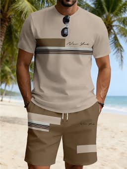 2026 Summer New Arrival Men's Casual Two-Piece Set Striped Print Short-Sleeve Shirt and Athletic Shorts Set Men's Fitness Set