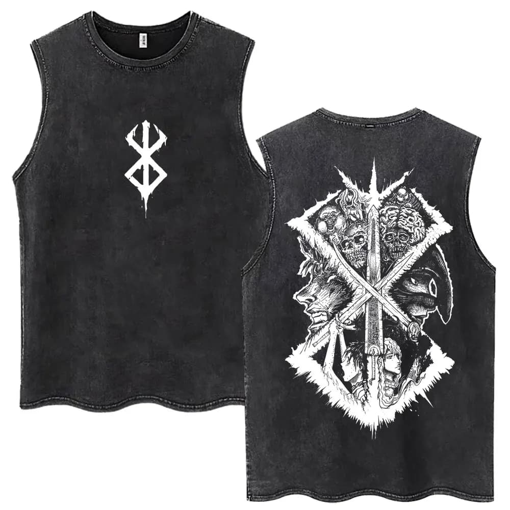 Washed Anime Berserk Guts Tank Tops Swordsman Gatsu Sacrifice Zodd Harajuku Vests Men Women Loose Cotton Y2k Sleeveless T Shirt