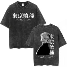 Vintage Washed Anime Tokyo Ghoul Spider Lily T Shirt Manga Cool Ken Kaneki Eyes T-shirts Oversized Gothic Short Sleeve T Shirts