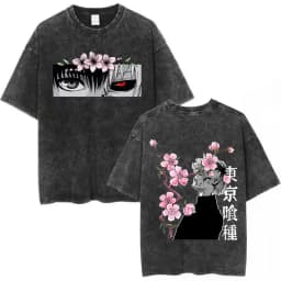 Vintage Washed Anime Tokyo Ghoul Spider Lily T Shirt Manga Cool Ken Kaneki Eyes T-shirts Oversized Gothic Short Sleeve T Shirts