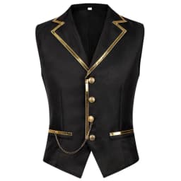 Men's Black Satin Suit Vest with Gold Trim and Chain - Formal Waistcoat for Wedding, Party, Prom - Slim Fit Tuxedo Vest