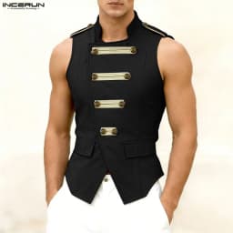 INCERUN Men's Tank Tops Patchwork Stand Collar Sleeveless Male Vests Summer Streetwear Double Breasted Fashion Tops For Man 2026
