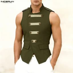 INCERUN Men's Tank Tops Patchwork Stand Collar Sleeveless Male Vests Summer Streetwear Double Breasted Fashion Tops For Man 2026