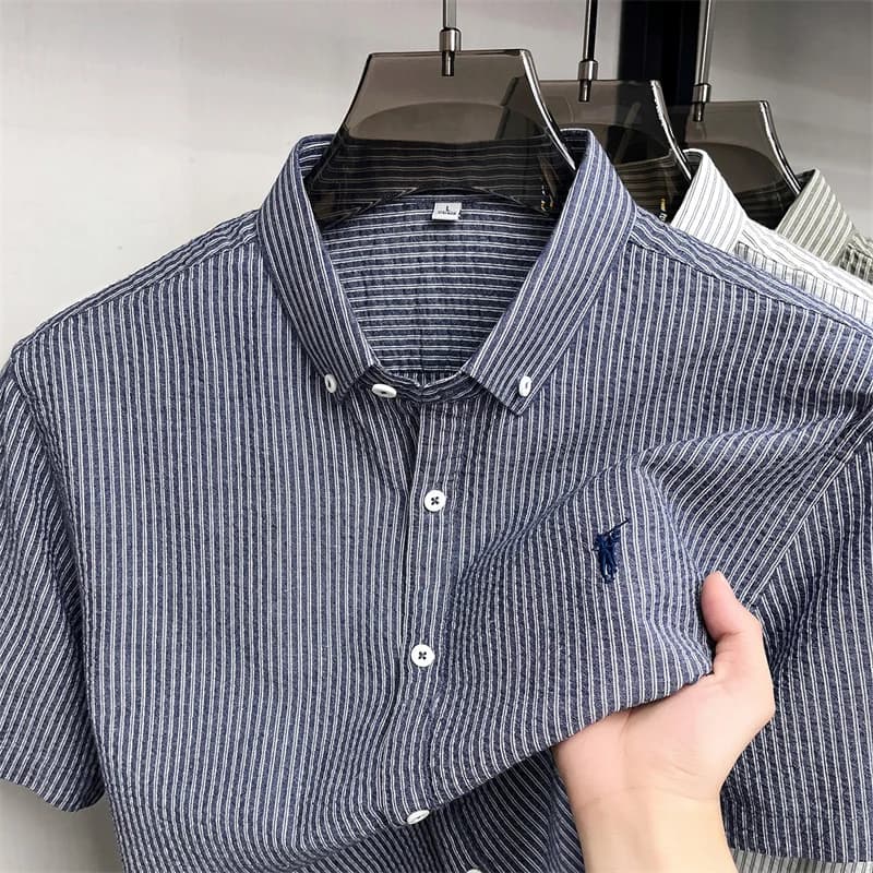 100% cotton short sleeve men's shirt luxury brand high-end pony embroidery fashion plaid summer new youth casual Paul lapel top