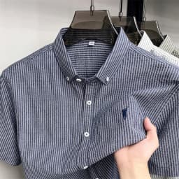 100% cotton short sleeve men's shirt luxury brand high-end pony embroidery fashion plaid summer new youth casual Paul lapel top