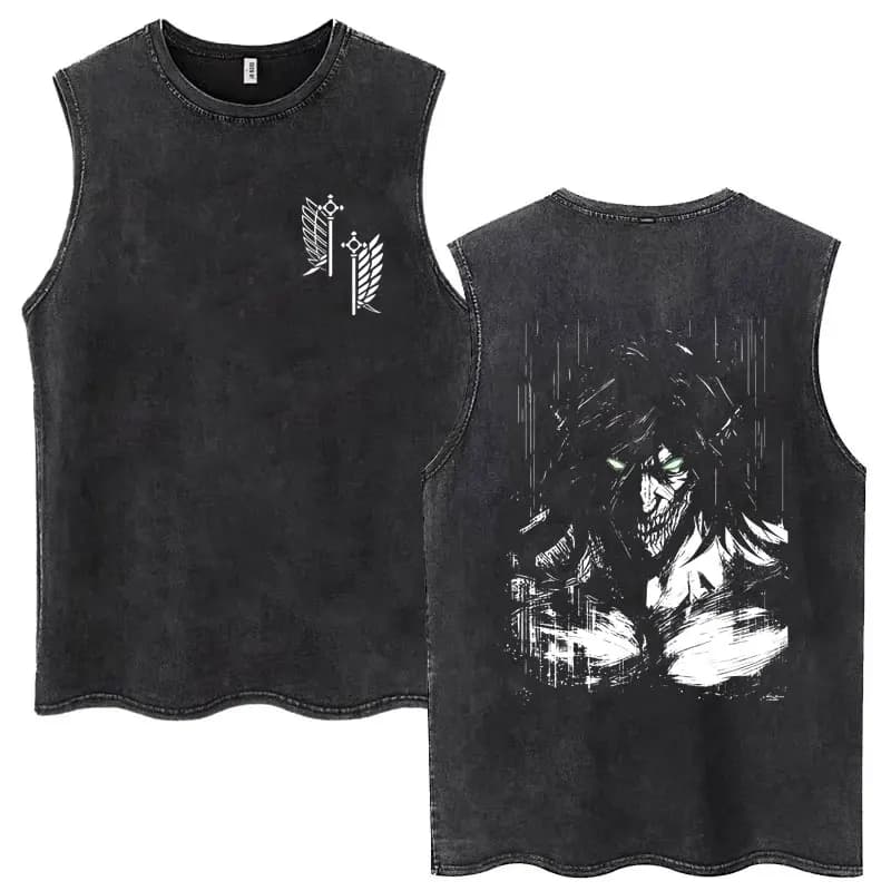 Anime Attack on Titan Eren Jaeger Graphic Vintage Washed Tank Tops Men Manga Oversized Sleeveless T Shirt Men's Fashion T-shirts