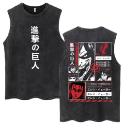 Anime Attack on Titan Eren Jaeger Graphic Vintage Washed Tank Tops Men Manga Oversized Sleeveless T Shirt Men's Fashion T-shirts