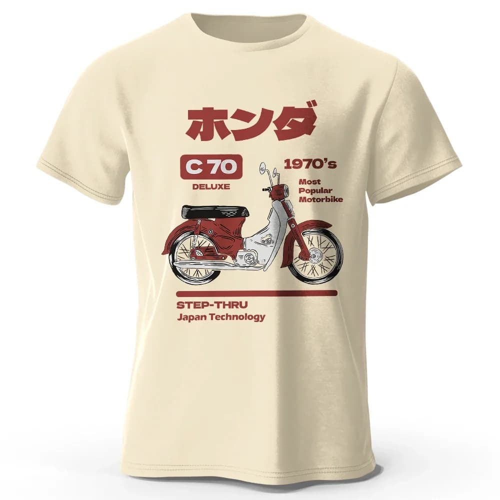 Japanese Retro Motorcycle Print 100% Cotton T-Shirt, Soft & Breathable Round Neck Short Sleeve Tee, Unisex Vintage Style