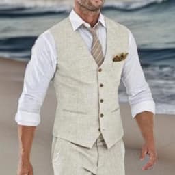 Beige Linen Suit Vest for Men Wedding Summer Beach One Piece Waistcoat V Neck Male Fashion Cost