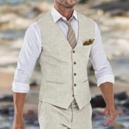 Beige Linen Suit Vest for Men Wedding Summer Beach One Piece Waistcoat V Neck Male Fashion Cost