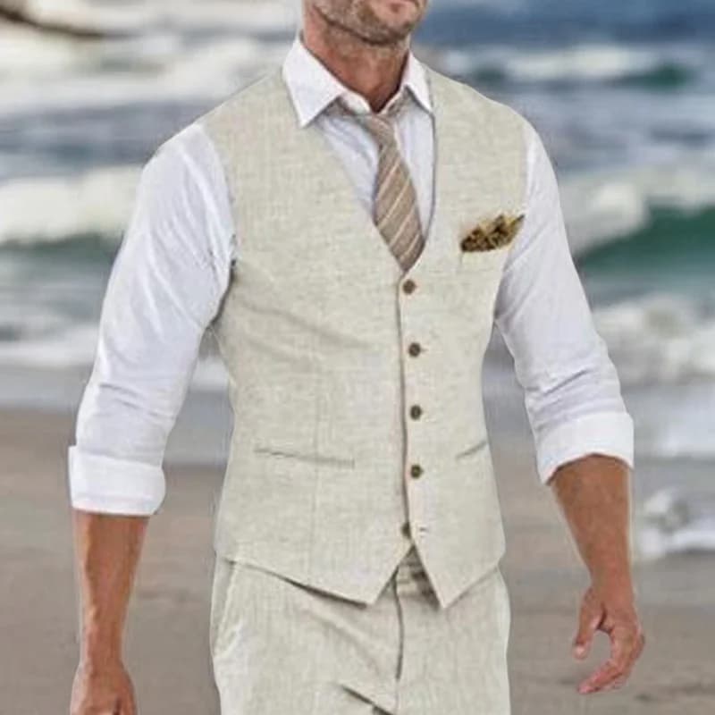 Beige Linen Suit Vest for Men Wedding Summer Beach One Piece Waistcoat V Neck Male Fashion Cost