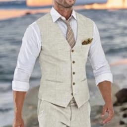 Beige Linen Suit Vest for Men Wedding Summer Beach One Piece Waistcoat V Neck Male Fashion Cost