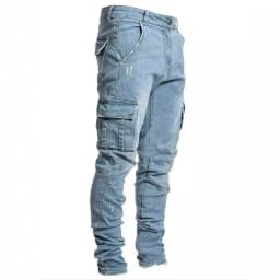 Men Street Elastic Denim Jeans Wash Solid Color Multi Pockets Cargo Pants Casual Slim Fit Daily Wear Joggers Mid Waist Trousers