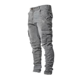Men Street Elastic Denim Jeans Wash Solid Color Multi Pockets Cargo Pants Casual Slim Fit Daily Wear Joggers Mid Waist Trousers