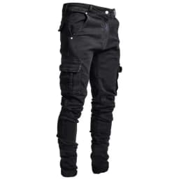 Men Street Elastic Denim Jeans Wash Solid Color Multi Pockets Cargo Pants Casual Slim Fit Daily Wear Joggers Mid Waist Trousers