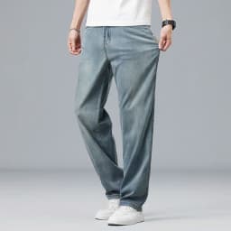 Lyocell Ultra-thin Summer Men's Jeans Elastic Ice Silk Drape Soft Loose Pants Straight Casual Denim Male Clothing Trousers