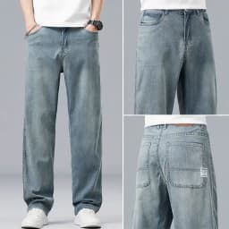 Lyocell Ultra-thin Summer Men's Jeans Elastic Ice Silk Drape Soft Loose Pants Straight Casual Denim Male Clothing Trousers