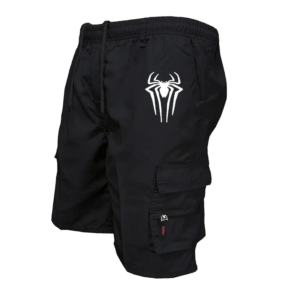 Men's Spider Print Cargo Shorts Male Outdoor Overalls Elastic Waist Cycling Shorts Multi-pockets Loose Work Beach Sports Shorts