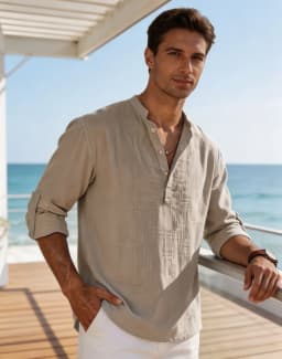 Men's Cotton Linen Henley Shirt Casual Long Sleeve Loose Fit Basic Thin Summer Tops Blouse