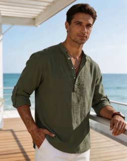 Men's Cotton Linen Henley Shirt Casual Long Sleeve Loose Fit Basic Thin Summer Tops Blouse
