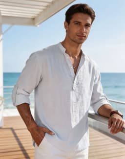 Men's Cotton Linen Henley Shirt Casual Long Sleeve Loose Fit Basic Thin Summer Tops Blouse
