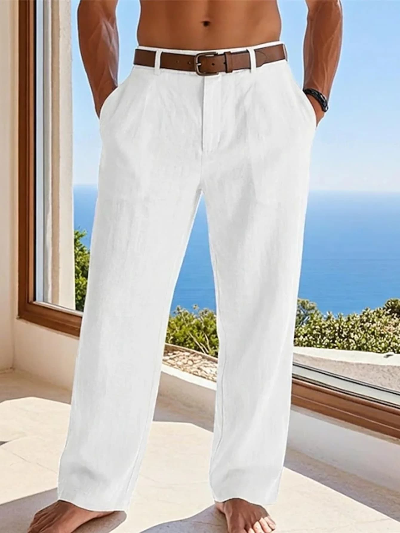 New Autumn and Winter Linen Men's Drape Straight-Leg Trousers, Casual Linen Straight-Leg Trousers for Beach Vacation