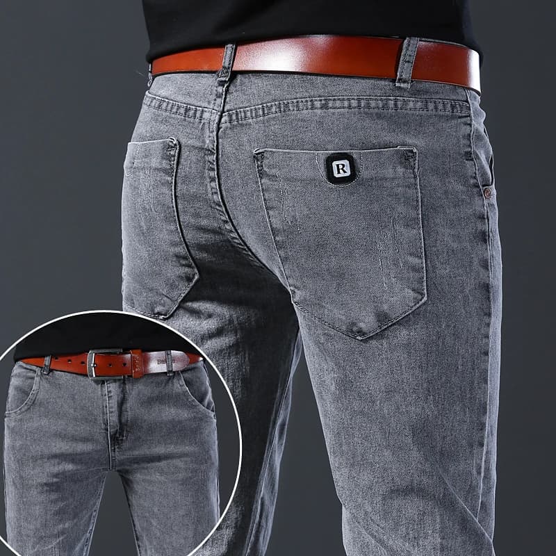 New Style Jeans, Men's Slim Fit, Korean Style Comfortable Straight Leg Elastic Gray Mid Waist Pants, Men's Casual Denim Pants