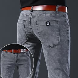 New Style Jeans, Men's Slim Fit, Korean Style Comfortable Straight Leg Elastic Gray Mid Waist Pants, Men's Casual Denim Pants