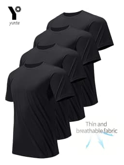 Round Neck T-Shirt 4-Pack Black Ultra-Light Men's Quick-Drying Breathable Sweat-Absorbent Shirt Suitable for Fitness Gym and Running