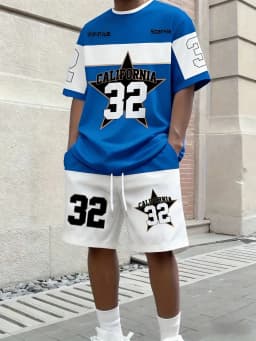 American Men's Summer Letter Stripe Print Comfortable Breathable Round Neck T-Shirt Drawstring Shorts Set Outdoor Streetwear