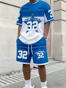 American Men's Summer Letter Stripe Print Comfortable Breathable Round Neck T-Shirt Drawstring Shorts Set Outdoor Streetwear